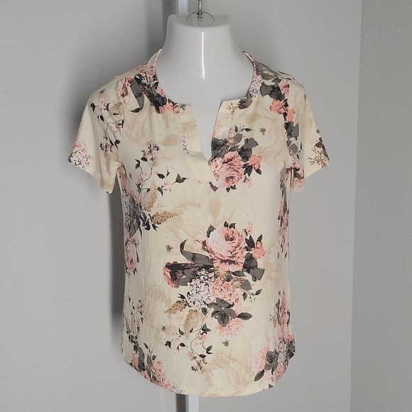 Andree by Unit Blouse Shirt ~ Sz S ~ Beige ~ Short Sleeve ~ Floral - Picture 1 of 5